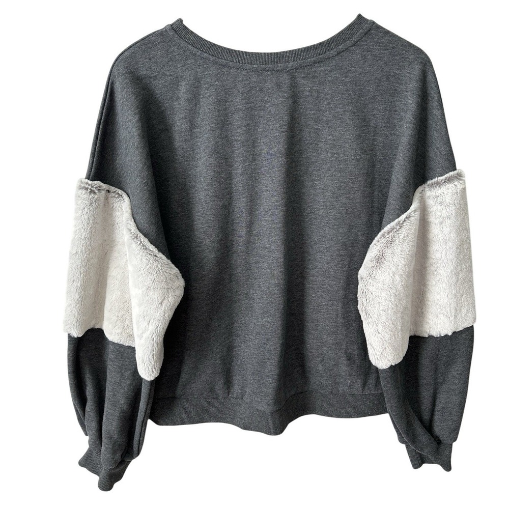 LUSH Gray Sweatshirt Partial Faux Fur Sleeves Crewneck Women's Size Medium